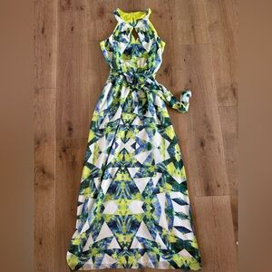 Vince Camuto Blue and Lime Geometric Maxi Dress